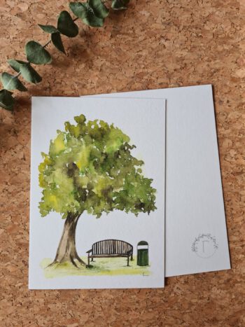Bank unter einem saftigen Baum A6 Postkarte Ruhestand Gelassenheit Karte zum Geburtstag Natur