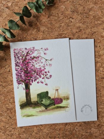 Gemütliches Sofa unter einem Kirschbaum A6 Karte Natur Floral Gemütlichkeit