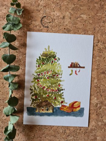 Merry Christmas Tannenbaum mit Krippe Weihnachtskarte A6 Aquarellgemalt