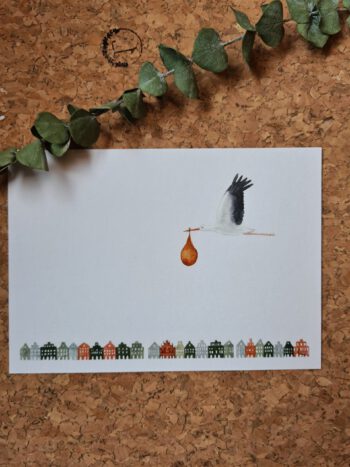 Postkarte zur Geburt A6 Postkarte Storch Giebelhäuser Grußkarte Glückwunschkarte