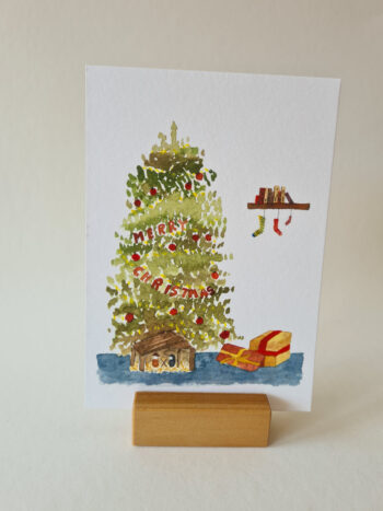 Merry Christmas Tannenbaum mit Krippe Weihnachtskarte A6 Aquarellgemalt