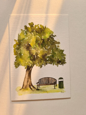 Bank unter einem saftigen Baum A6 Postkarte Ruhestand Gelassenheit Karte zum Geburtstag Natur