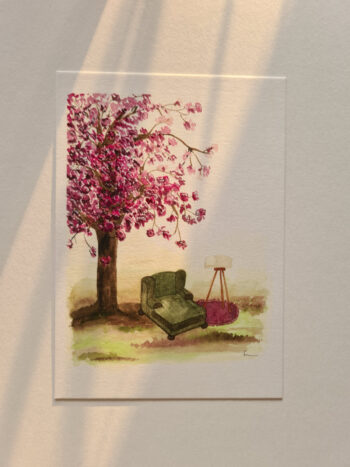 Gemütliches Sofa unter einem Kirschbaum A6 Karte Natur Floral Gemütlichkeit
