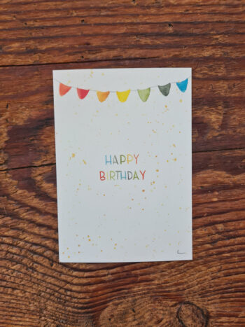 Bunt Happy Birthday Wimpel Aquarell Lettering A6 Postkarte Geburtstag Grußkarte zum Geburtstag Sessel Torte Kerzen Wimpelkette – Bild 2