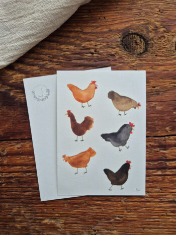 Hühner A6 Osterfest Landschaft Postkarte Aquarellgemalte Postkarte