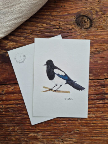 Elster A6 viel Glück Postkarte Vogel heimischer Singvogel Aquarellgemalte Postkarte