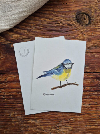 Blaumeise A6 viel Glück Postkarte Vogel heimischer Singvogel Aquarellgemalte Postkarte