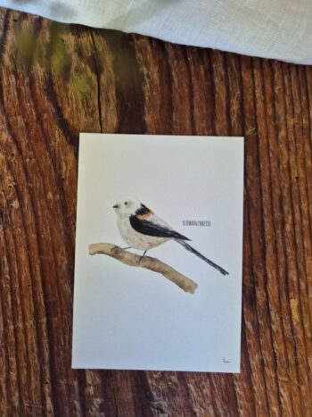 Schwanzmeise A6 viel Glück Postkarte Vogel heimischer Singvogel Aquarellgemalte Postkarte